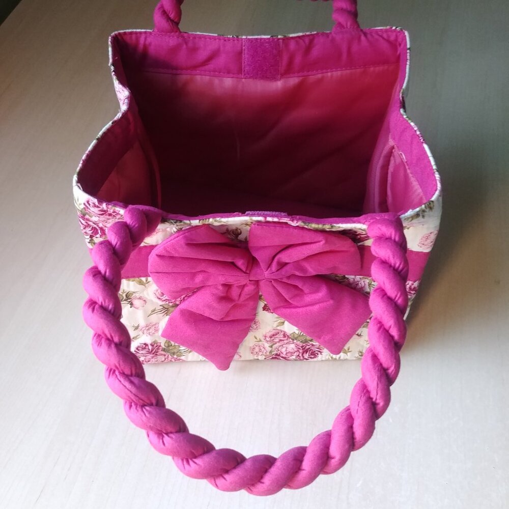 100% cotton white with pink and green floral pattern tote bag - Picture 7 of 13